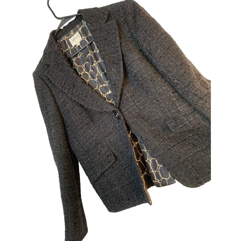 Armani Collezioni Womens Black Tweed Blazer Jacket Size 14 Italy RG10723 Sparkle